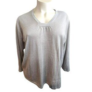 Womens V-Neck Silver Shimmer Long Sleeve Pullover Top Avenue Size 26 28 JJ4081